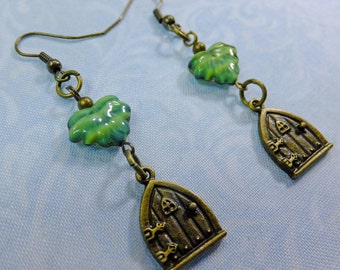 Fantasy Dangle Earrings Antique Brass Fairy Door Charms with Green Striped Glass Leaf Beads with Fish Hook Earwires