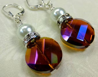 Red/Orange/Purple Cut Glass Crystal Beads with Rhinestone Spacers and White Glass Pearls Dangle Earrings