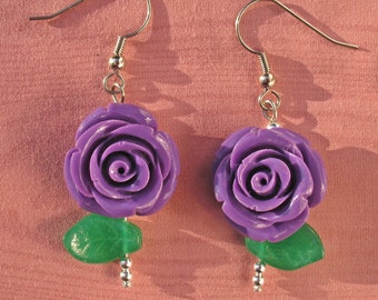 Purple Resin Roses Dangle Earrings