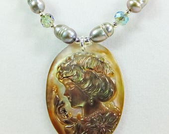 Cameo Carved into Shell with Gray Freshwater Pearls, Glass Crystal Beads and Tiny Silver Plated Spacer Beads Necklace