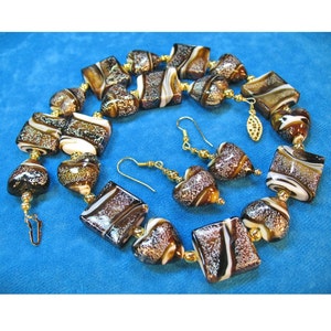SET Glass Chocolate Caramel Colored Hearts and Squares Art Glass Beaded Necklace and Earrings Set image 2