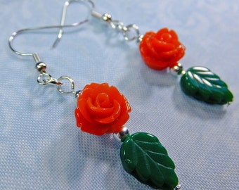 Rose Lover Earrings Bright Red Resin Rose Beads with Green Leaf Beads Dangle