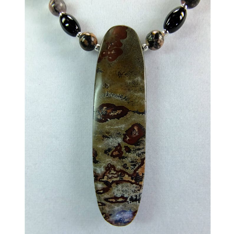 Picasso Jasper Stone Pendant with Black Glass Beads and Pink Stone Beads With Silver Plated Spacer Beads Necklace OOAK