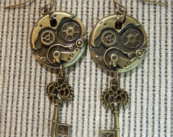 Steampunk Key to Time Brass Charms Dangle Earrings Perfect for a Fantasy or Sci-fi Lover