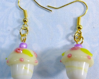 White Lampglass Cupcake Beads with Red Rose Details ane Purple Beads on top Dangle Earrings