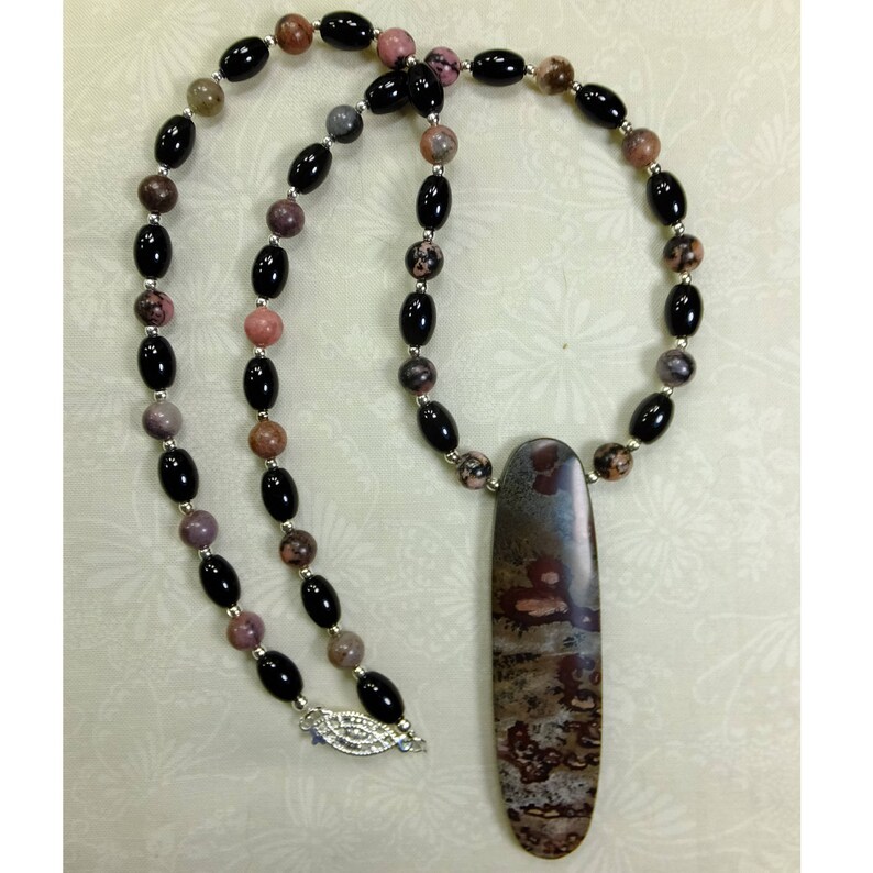 Picasso Jasper Stone Pendant with Black Glass Beads and Pink Stone Beads With Silver Plated Spacer Beads Necklace OOAK