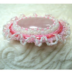 Pink Rose Quartz Brooch Bead Embroidered Pink and White Bead Lace Border OOAK image 2