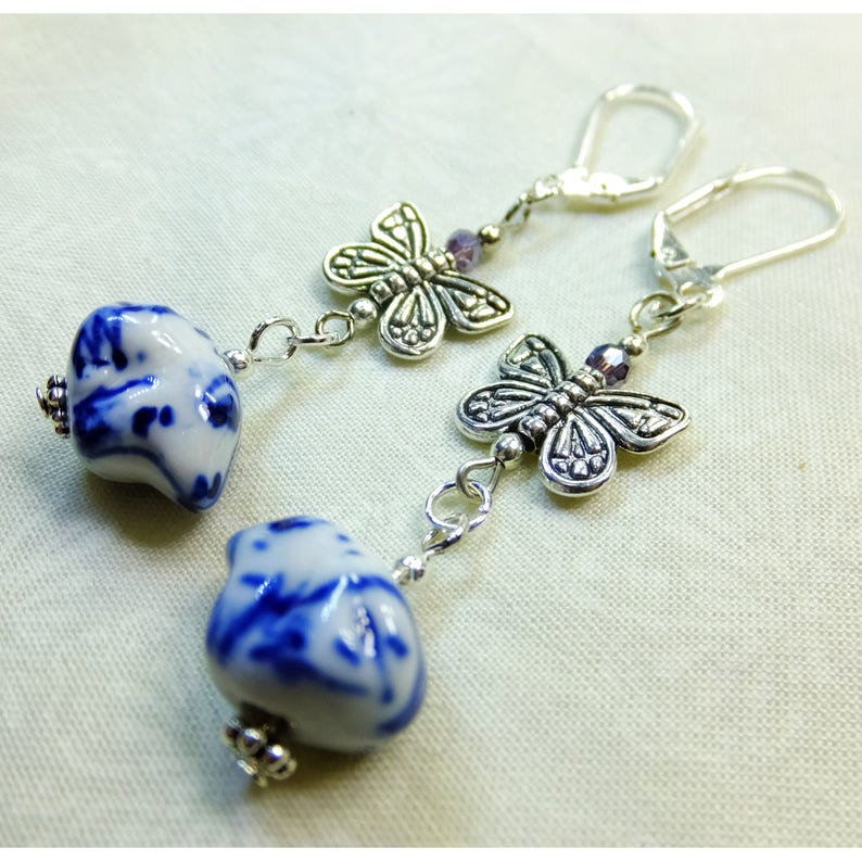 Chinese Hand painted Blue and White Ceramic Frogs with Pewter Butterfly Charms Dangle Earrings image 3
