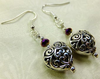 Romantic Dangle Earrings Tiny Purple Cut Glass Beads and Silver Plated Puffed Filigre Hearts with Fish Hook Earwires