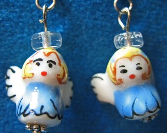 Ceramic Glass Angel Beads Dangle Earrings