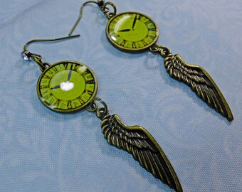 Steampunk Time Flies Earrings Lime Green Clock Charms wtih Brass Wing Charms Antique Brass Earwires