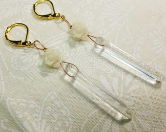White Resin Rose Beads with Clear Quartz Crystal Tips Dangle Earrings, Golden Tone Leverback Findings Inspired by Beauty & the Beast symbols