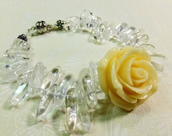 White Resin Rose with Quartz Beads 7.75 inch Bracelet with Magnetic Clasp Inspired by symbols in the TV Show Beauty and the Beast