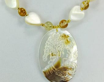 Cameo Carved into Shell Necklace with Agate Beads and Shell Hearts with tiny Gold Plated Spacer Beads