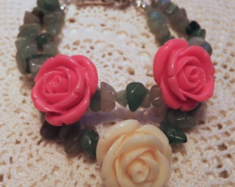 Three Resin Roses White and Salmon Pink with Green Stone Chips 7.5 in Double Bracelet with Magnetic Clasp (Pink Crystals)