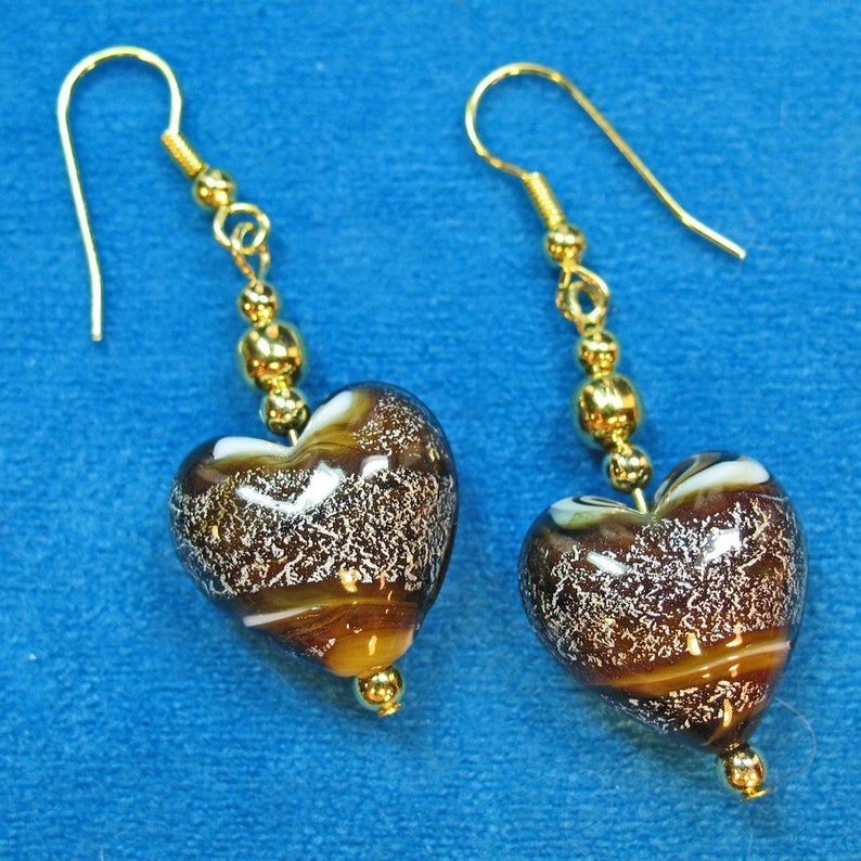 SET Glass Chocolate Caramel Colored Hearts and Squares Art Glass Beaded Necklace and Earrings Set image 3