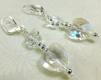 Clear Glass Crystal Butterflies and Hearts Beaded Dangle Earrings Sweet and Romantic