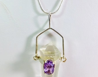 Elegant Quartz Tip Pendant with Amethyst Accent Necklace on 18 inch Chain