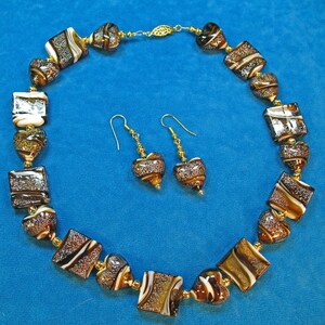 SET Glass Chocolate Caramel Colored Hearts and Squares Art Glass Beaded Necklace and Earrings Set image 1