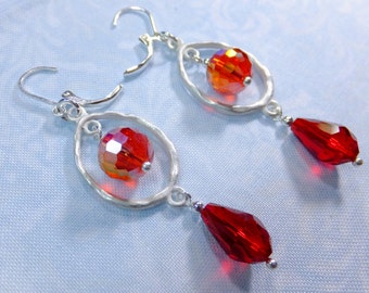 Swinging Dangle Earrings with Silvery Metal Loops and Blood Red Crystal Beads with Leverback Earwires