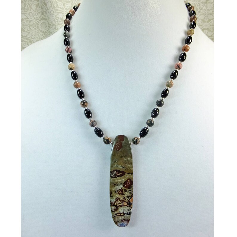 Picasso Jasper Stone Pendant with Black Glass Beads and Pink Stone Beads With Silver Plated Spacer Beads Necklace OOAK