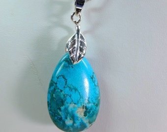 Small Magnesite Turquoise Colored dyed stablized Stone Teardrop Shaped Pendant Necklace with Leaf Bail