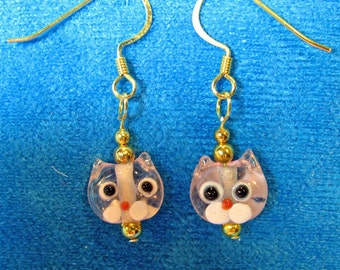 Clear Glass Kitty Cat Head Dangle Earrings