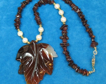 Brown Agate Leaf, Ten Freshwater Pearls, Garnet Stone Chips, and Gold Plated Beads Necklace OOAK