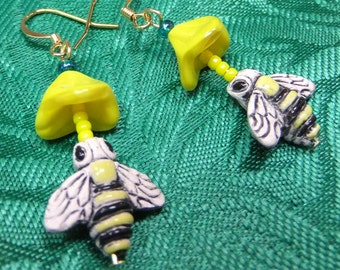 Honey Bees Dangle Earrings with Yellow Glass Flowers Lightweight OOAK