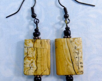 Picture Jasper Western Desert Scene Rectangular Beaded Earrings with Black Earwires