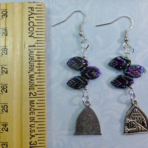 Fantasy Dangle Earrings Pewter Fairy Door Charms with Dark Purple Glass Leaf Beads with Fish Hook Earwires image 3