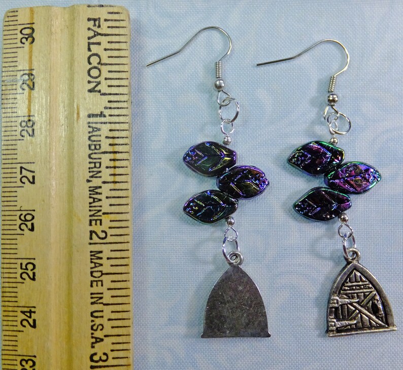 Fantasy Dangle Earrings Pewter Fairy Door Charms with Dark Purple Glass Leaf Beads with Fish Hook Earwires image 3