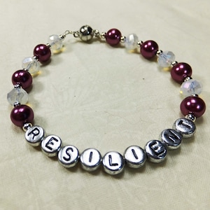 Bracelet #65 Letter Beads Spell RESILIENT w/ Crystal White Cut Glass Beads, Purple Glass Pearls Silvery Magnetic Clasp, 8.5 inches Large
