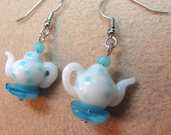 Blue and White Lampglass Teapot Dangle Earrings