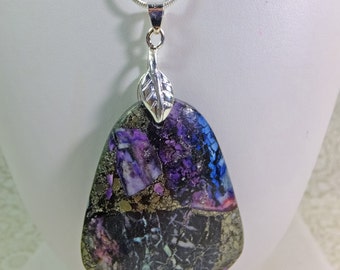 Large Multicolored Stone Teardrop Shaped Pendant Necklace with Leaf Bail