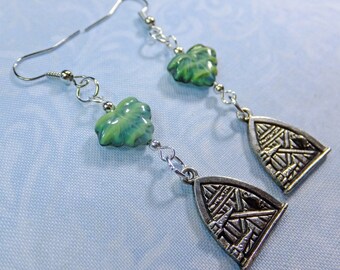 Fantasy Dangle Earrings Pewter Fairy Door Charms with Green Striped Glass Leaf Beads with Fish Hook Earwires