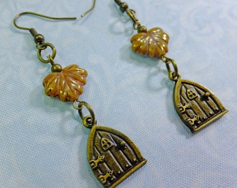 Fantasy Dangle Earrings Antique Brass Fairy Door Charms with Brown Glass Leaf Beads with Fish Hook Earwires