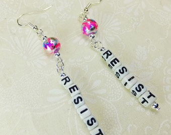 Pink Beaded RESIST Verticle Dangle Earrings Handcrafted with Black and White Acrylic Letter Beads and Hot Pink Glass Beads