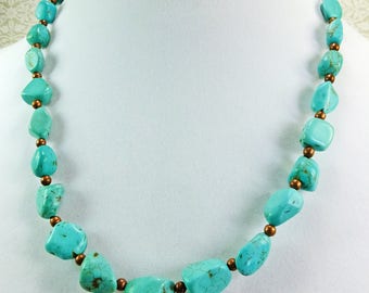 Manganese Chips Dyed Turquoise and Antique Copper Spacer Beads Necklace 20 inch Length