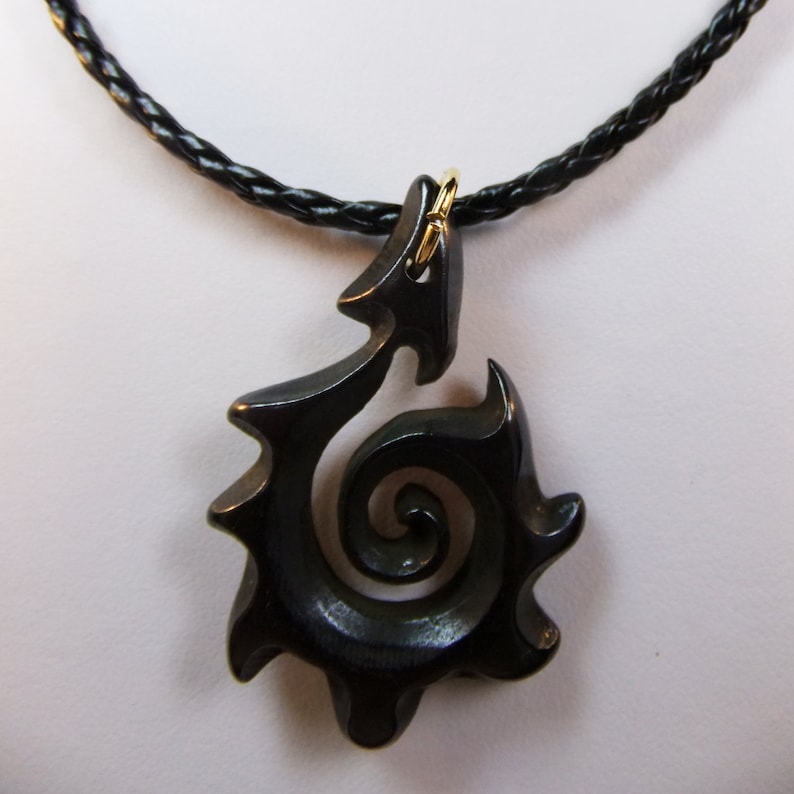 Brown Carved Bone Hei Matau Stylized Maori Fish Hook on Braided Leather Cord Masculine Design Man/'s 19 inch Choker