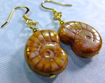 Warm Golden Brown Glass Shell Beads Dangle Earrings