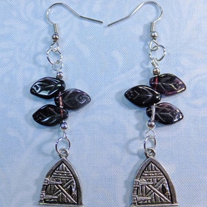 Fantasy Dangle Earrings Pewter Fairy Door Charms with Dark Purple Glass Leaf Beads with Fish Hook Earwires image 2