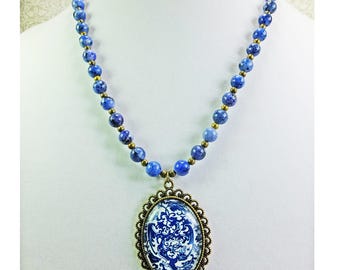 Lovely Dark Blue Ceramic Beaded Necklace with a Blue and White Pendant