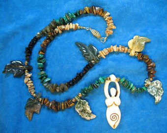 Bone Earth Goddess Necklace w/ Green, Brown Stone Leaves  Labradorite, Onyx, Tigerseye Picture Jasper, & Malachite Stone Chips