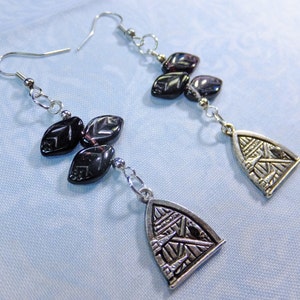 Fantasy Dangle Earrings Pewter Fairy Door Charms with Dark Purple Glass Leaf Beads with Fish Hook Earwires image 1