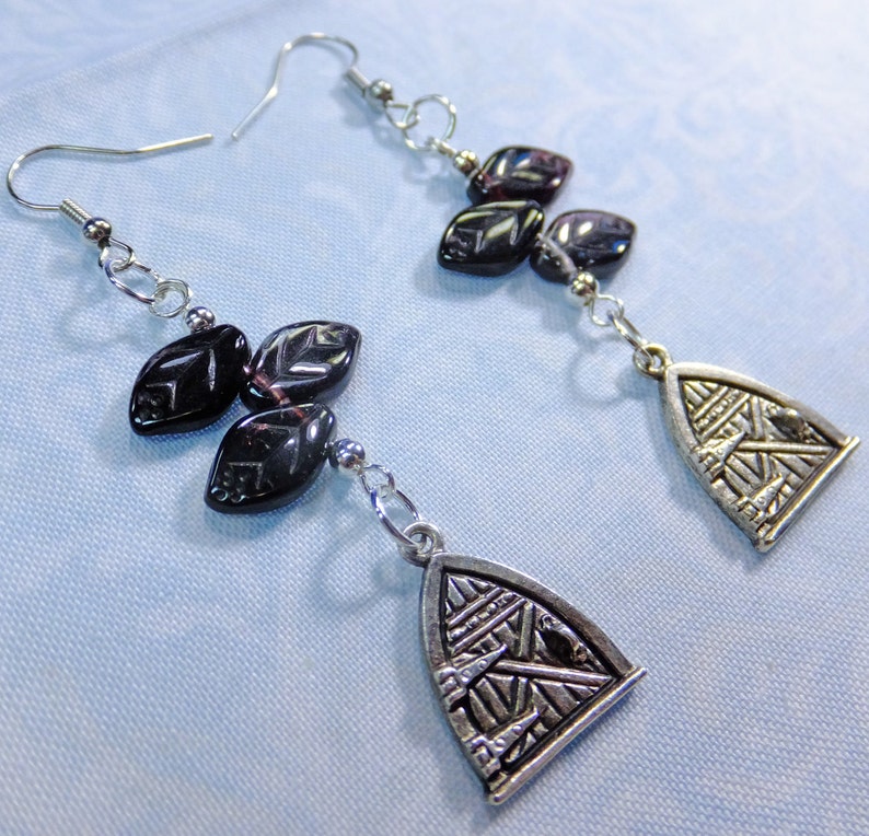 Fantasy Dangle Earrings Pewter Fairy Door Charms with Dark Purple Glass Leaf Beads with Fish Hook Earwires image 1