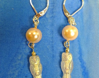 Tiny Detailed White Owls with Glass Pearls Dangle Earrings Very Lightweight