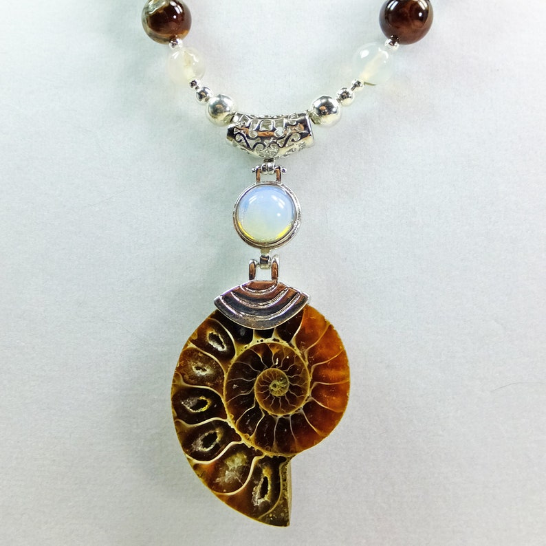 Ancient Ammonite Pendant w Sea Opal Glass Accent /& Various Agate Beads w Silver Plated Filigree Beads Necklace OOAK