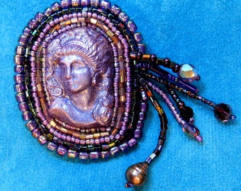 Beautiful Bead Embroidered Brooch Purple Polymer Lady