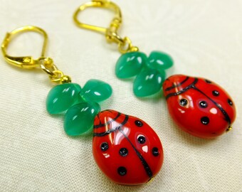 Red Glass Lady Bugs with Green Glass Leaves Lightweight Dangle Earrings